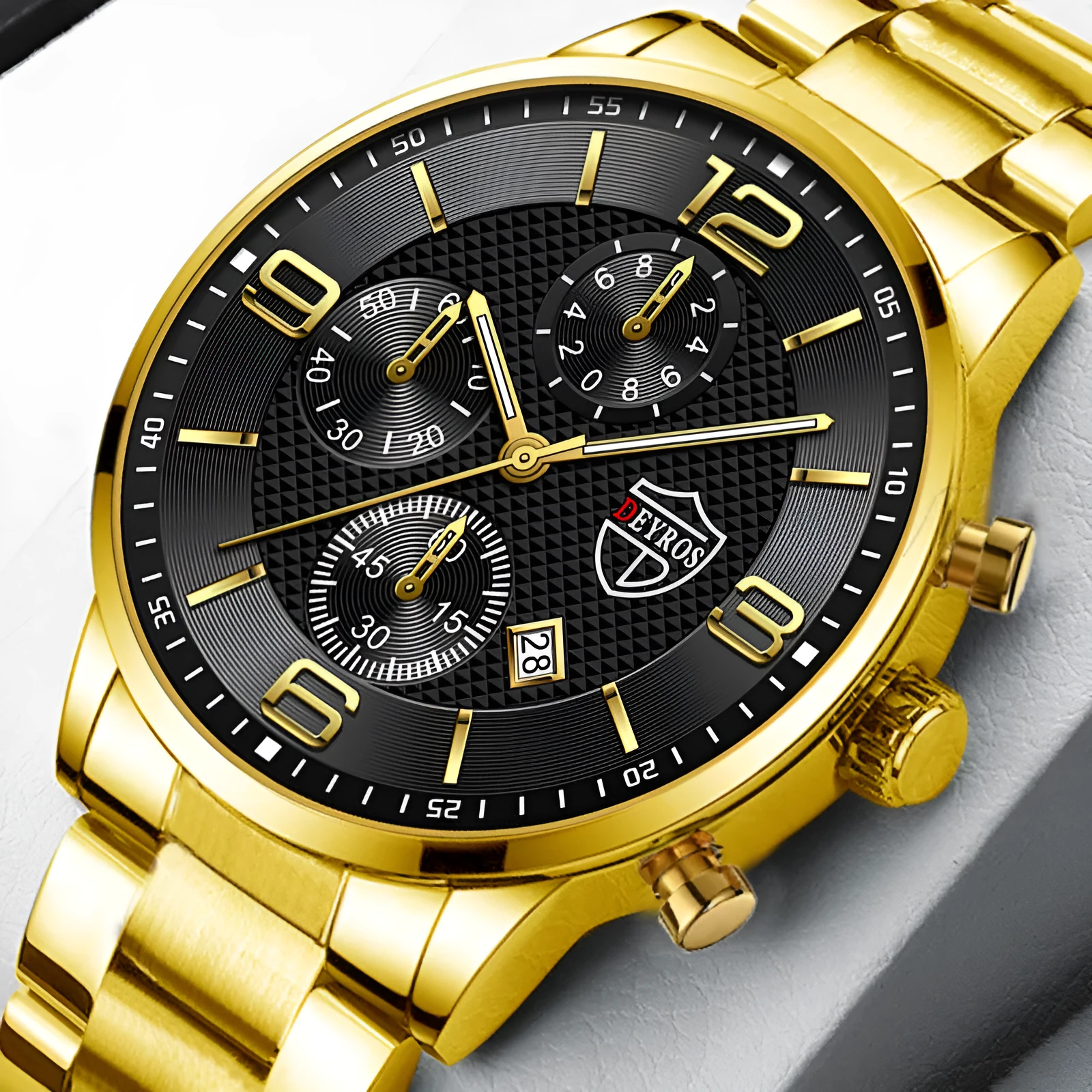 Fashion luminous men's steel band watch with 42mm round dial, calendar window, and 24-hour sub-dial on stainless steel strap