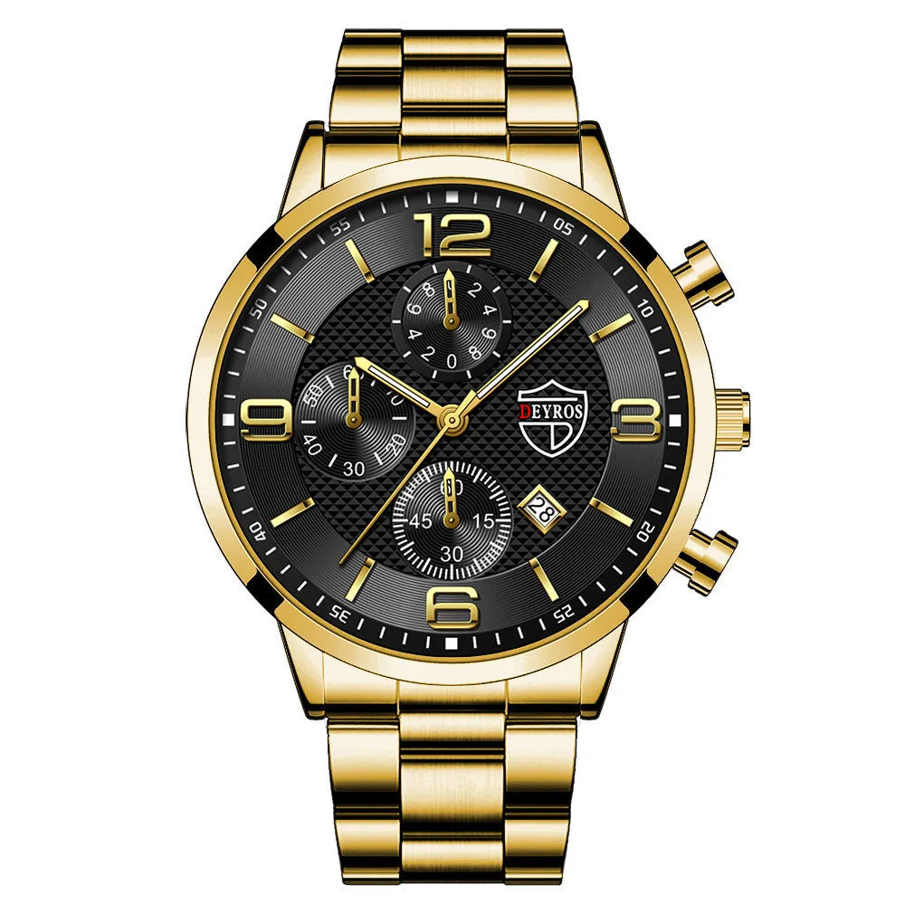 Fashion luminous men's steel band watch with 42mm round dial, calendar window, and 24-hour sub-dial on stainless steel strap