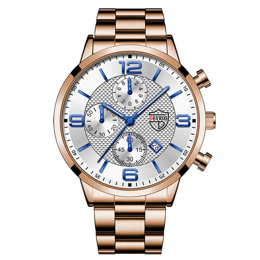 Fashion luminous men's steel band watch with 42mm round dial, calendar window, and 24-hour sub-dial on stainless steel strap
