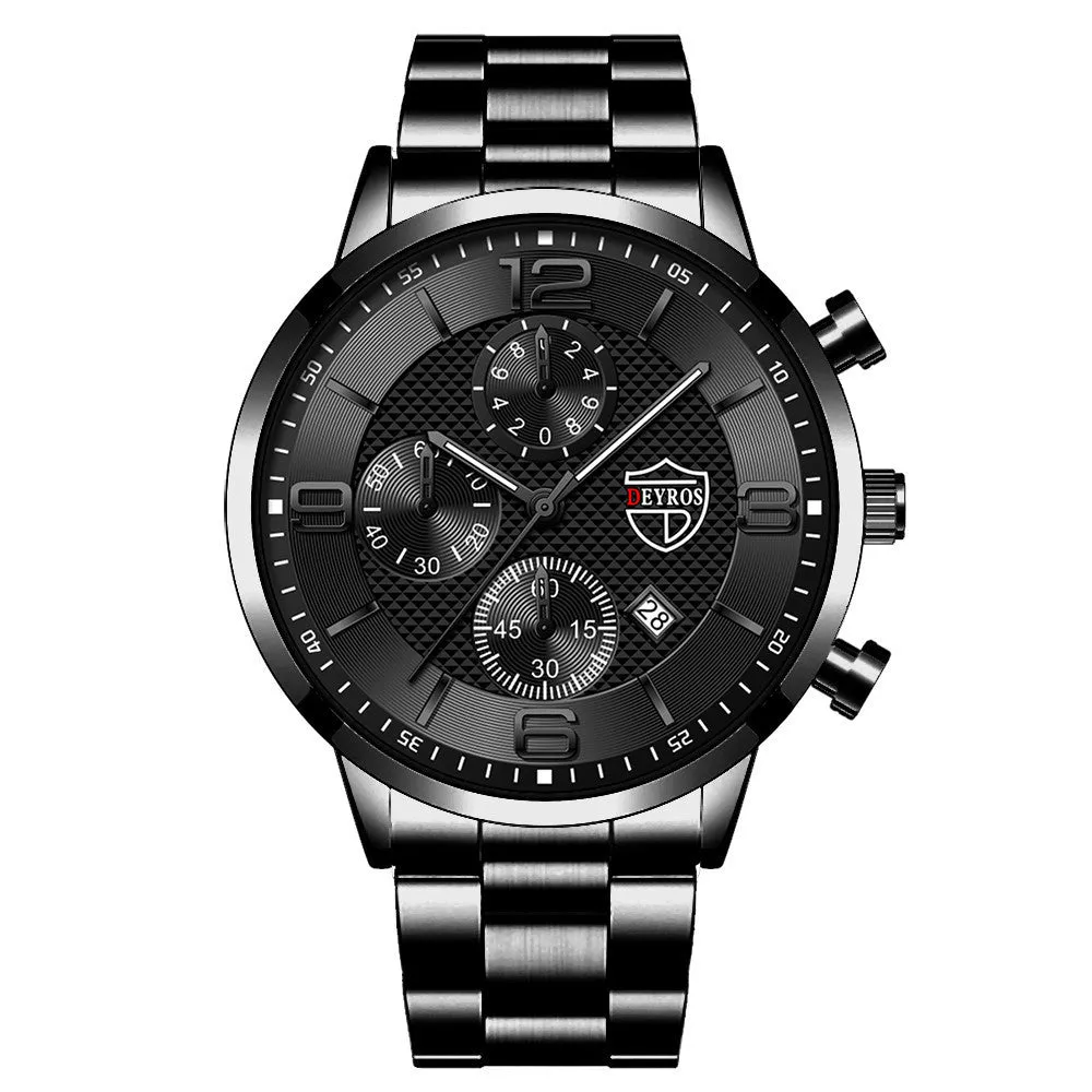 Fashion luminous men's steel band watch with 42mm round dial, calendar window, and 24-hour sub-dial on stainless steel strap