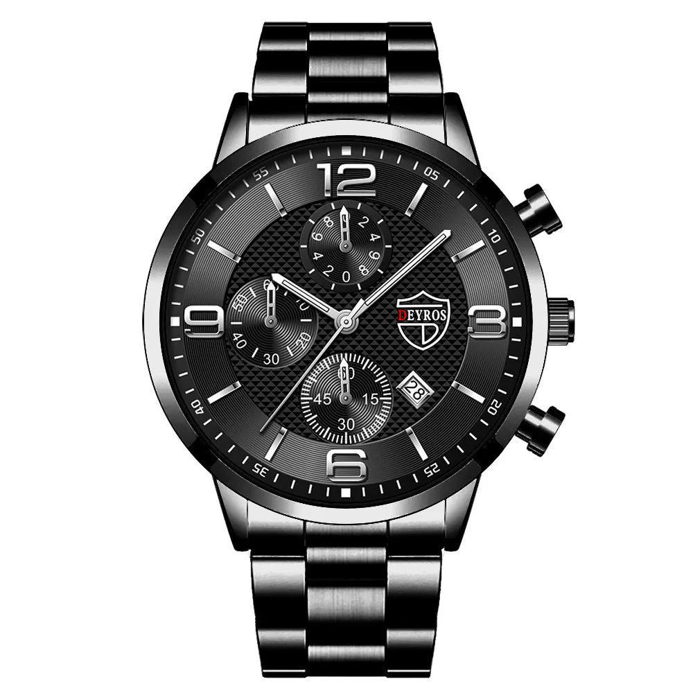 Fashion luminous men's steel band watch with 42mm round dial, calendar window, and 24-hour sub-dial on stainless steel strap