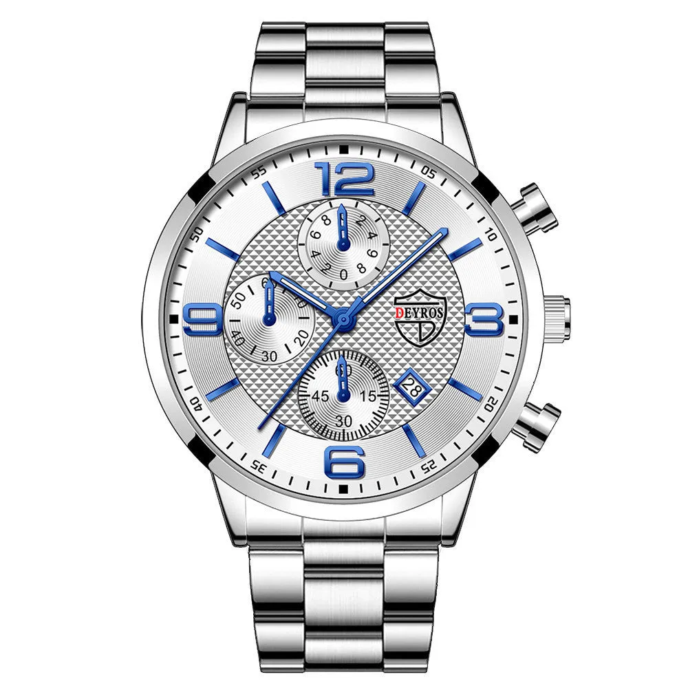 Fashion luminous men's steel band watch with 42mm round dial, calendar window, and 24-hour sub-dial on stainless steel strap