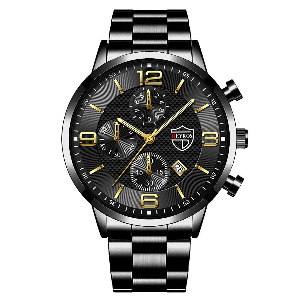 Fashion luminous men's steel band watch with 42mm round dial, calendar window, and 24-hour sub-dial on stainless steel strap