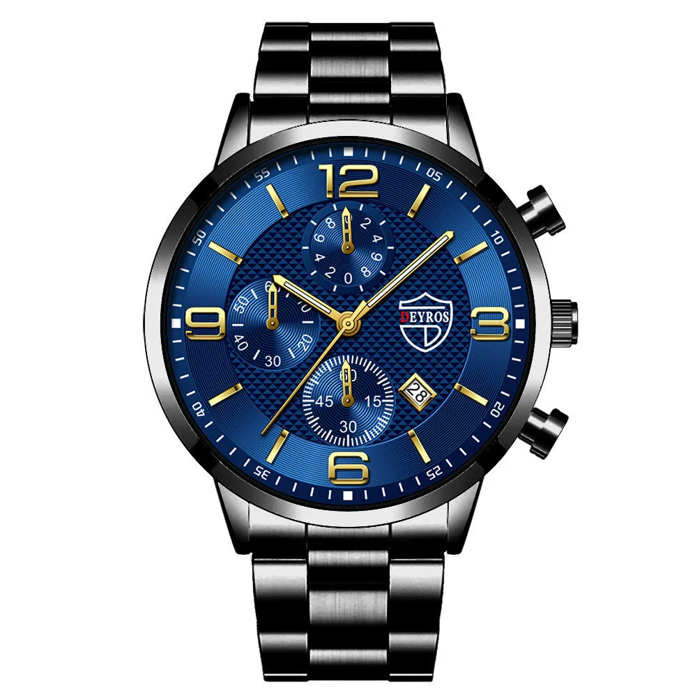 Fashion luminous men's steel band watch with 42mm round dial, calendar window, and 24-hour sub-dial on stainless steel strap