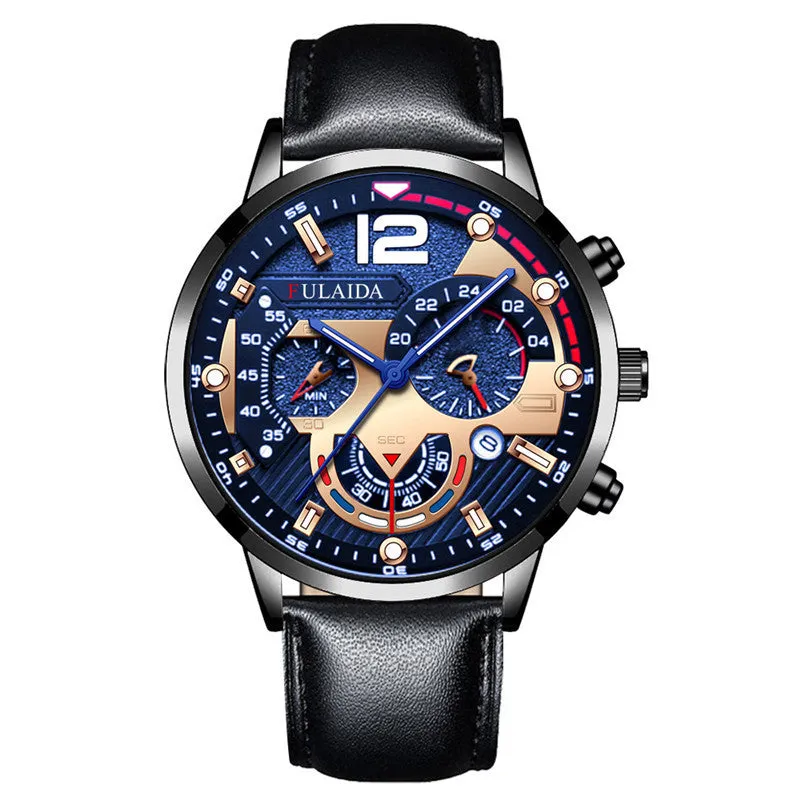 Men's casual quartz watch with calendar, genuine leather strap, rose gold buckle, alloy case, 37mm dial