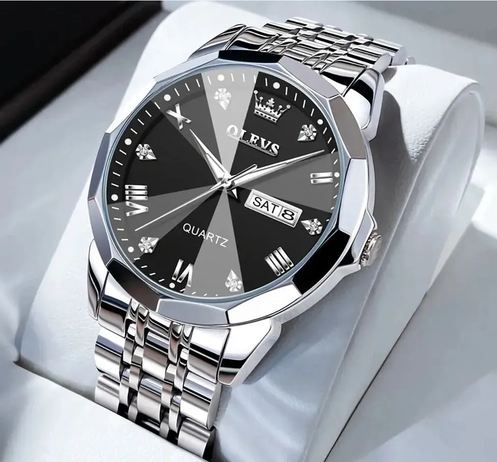 Roman scale double calendar quartz watch for men with black dial, luminous hands, fine steel strap, and butterfly buckle on white background