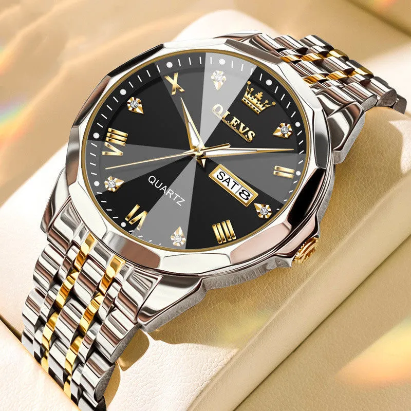 Roman scale double calendar quartz watch for men with black dial, luminous hands, fine steel strap, and butterfly buckle on white background