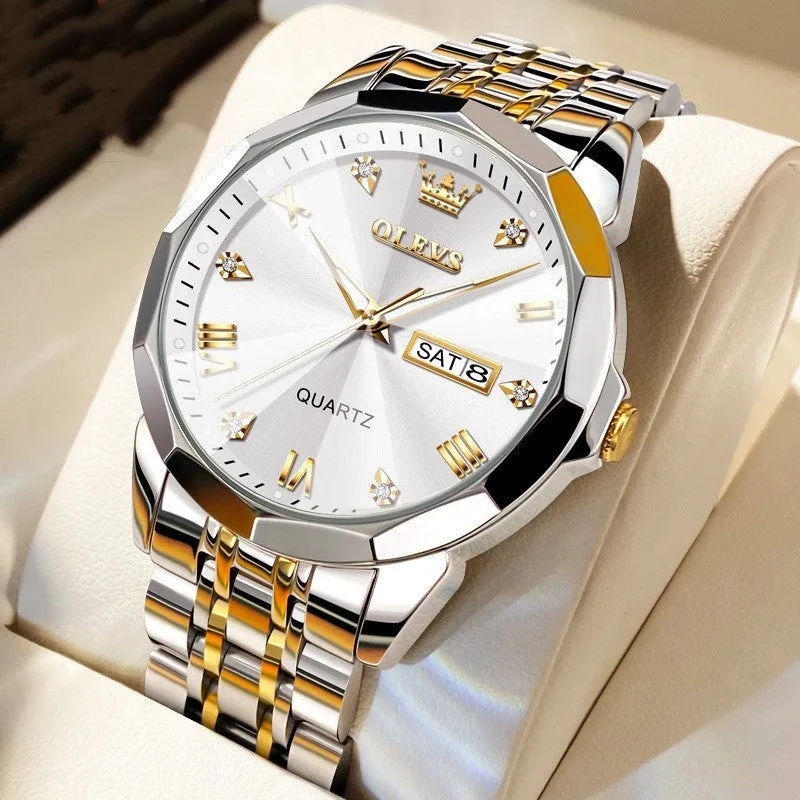 Roman scale double calendar quartz watch for men with black dial, luminous hands, fine steel strap, and butterfly buckle on white background