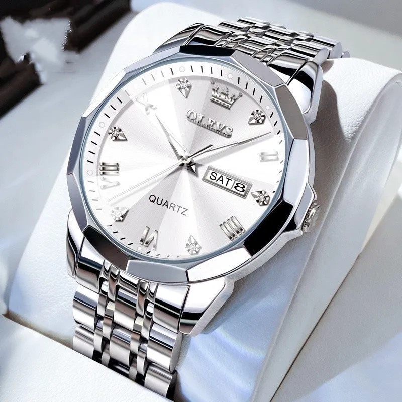 Roman scale double calendar quartz watch for men with black dial, luminous hands, fine steel strap, and butterfly buckle on white background