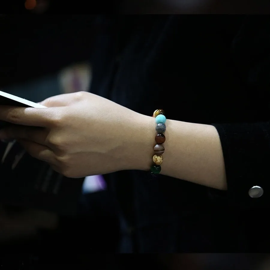 Eight planets natural stone beaded bracelet on wrist, 19cm elastic unisex design