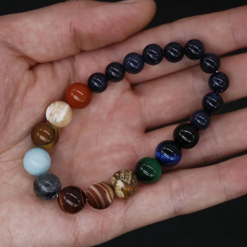 Eight planets natural stone beaded bracelet on wrist, 19cm elastic unisex design