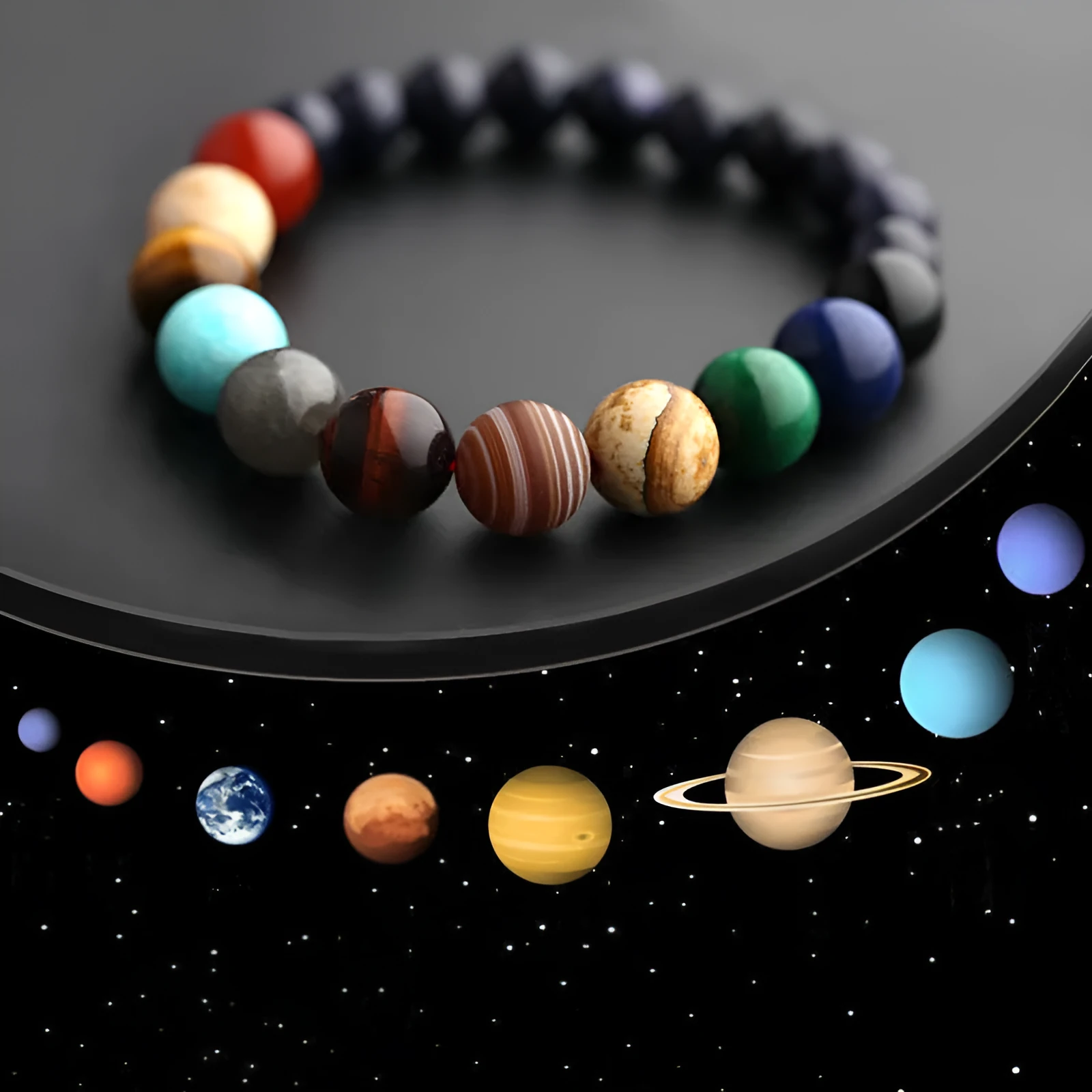 Eight planets natural stone beaded bracelet on wrist, 19cm elastic unisex design