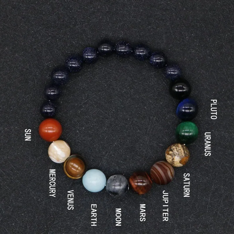 Eight planets natural stone beaded bracelet on wrist, 19cm elastic unisex design