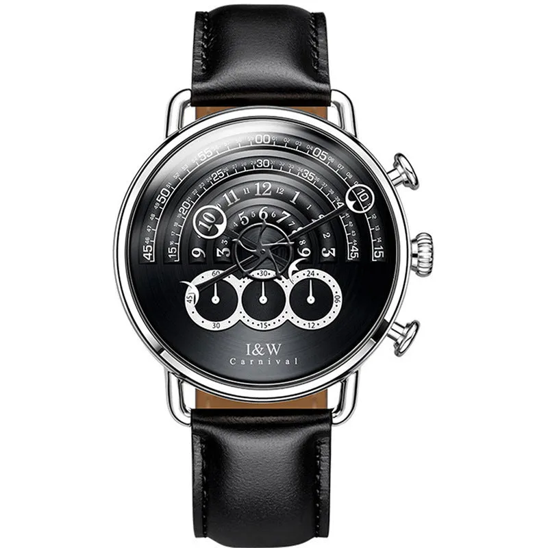 Men's quartz chronograph sports watch with black dial, 42mm stainless steel case, and black leather strap