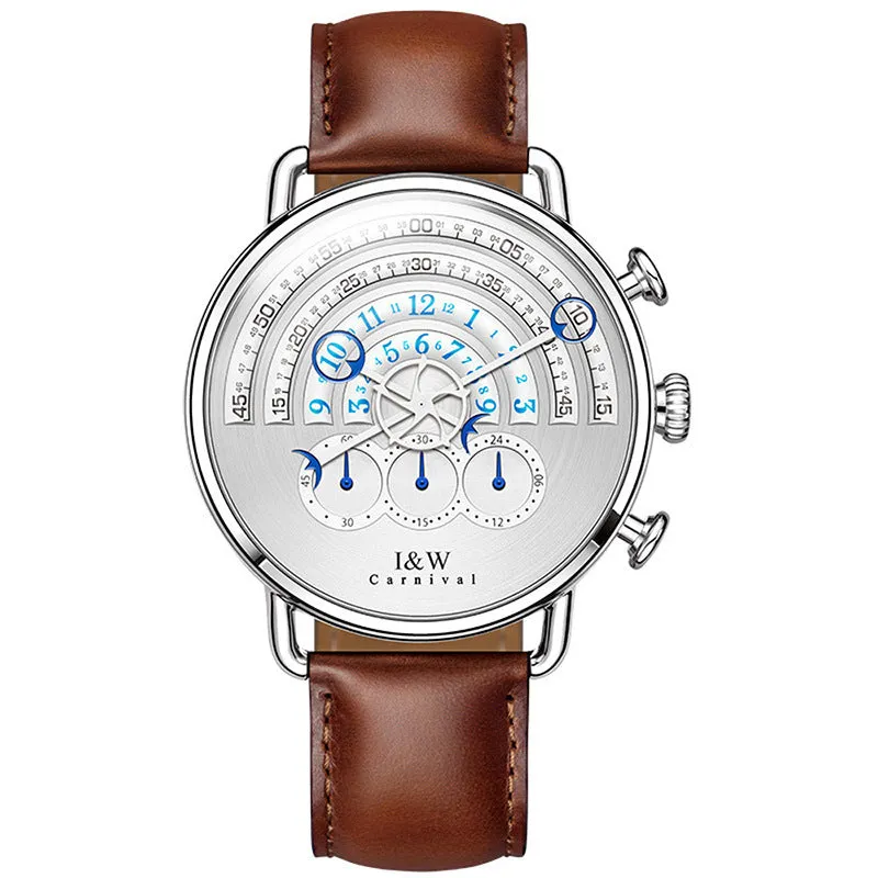 Men's quartz chronograph sports watch with black dial, 42mm stainless steel case, and black leather strap