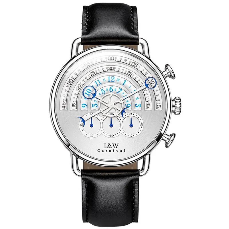 Men's quartz chronograph sports watch with black dial, 42mm stainless steel case, and black leather strap