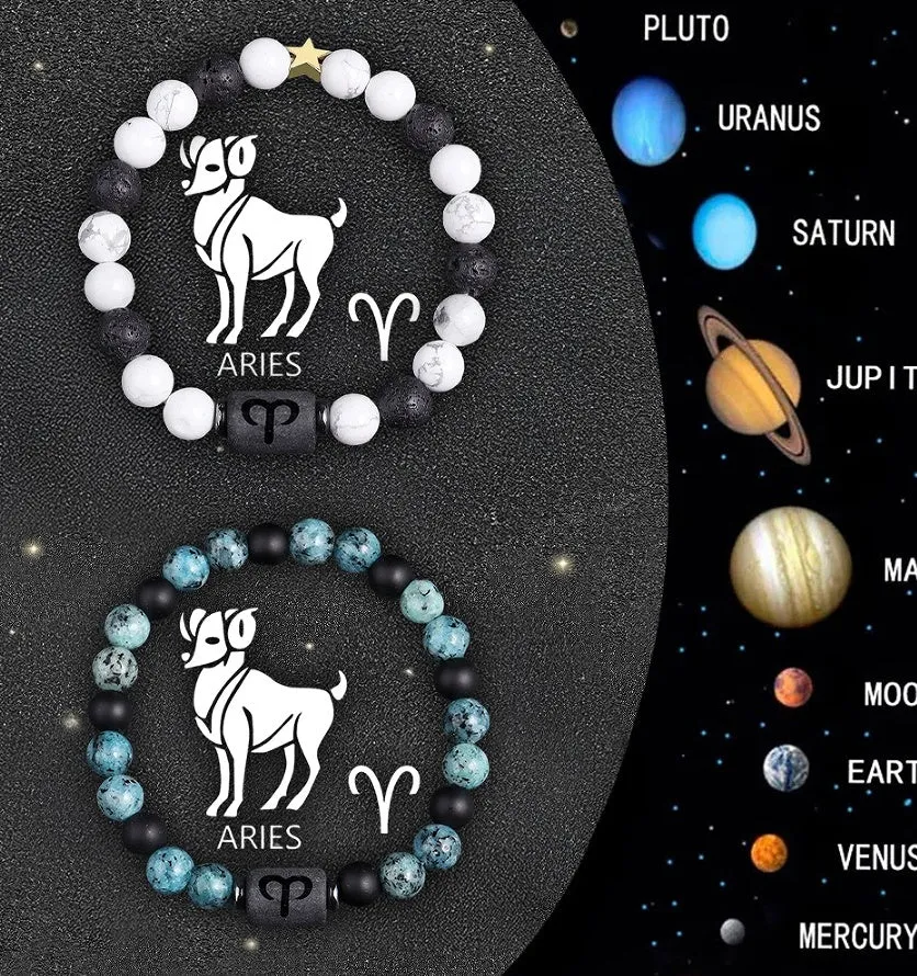 Set of twelve beaded bracelets with natural stone charms for each zodiac sign.