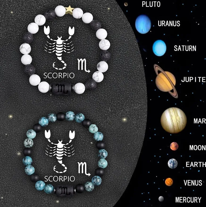 Set of twelve beaded bracelets with natural stone charms for each zodiac sign.