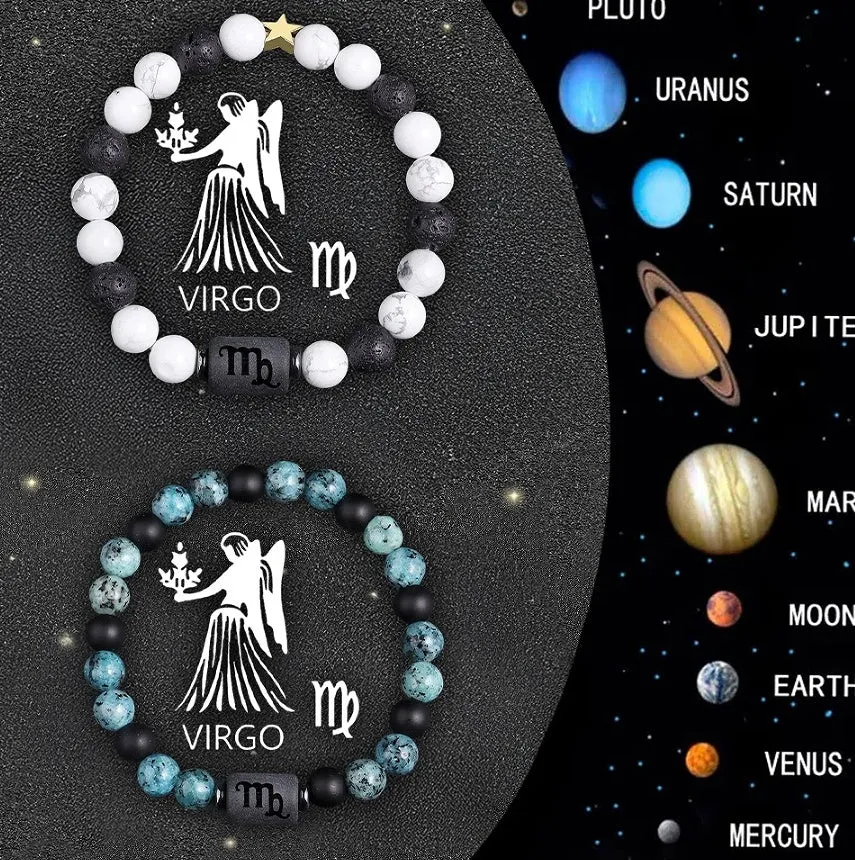 Set of twelve beaded bracelets with natural stone charms for each zodiac sign.