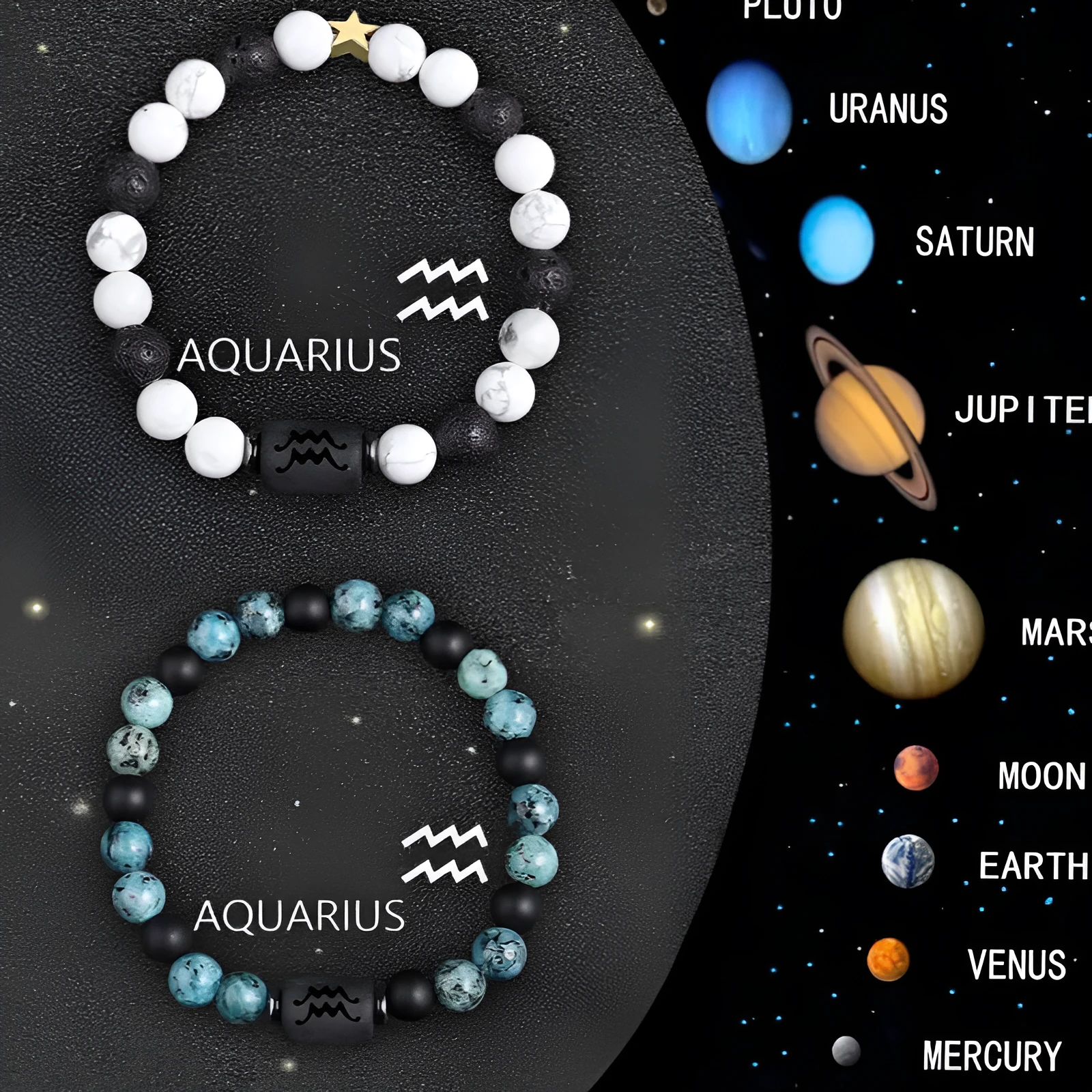 Set of twelve beaded bracelets with natural stone charms for each zodiac sign.