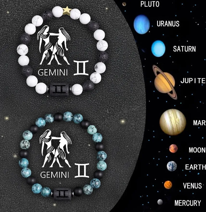 Set of twelve beaded bracelets with natural stone charms for each zodiac sign.