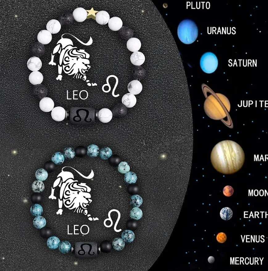 Set of twelve beaded bracelets with natural stone charms for each zodiac sign.