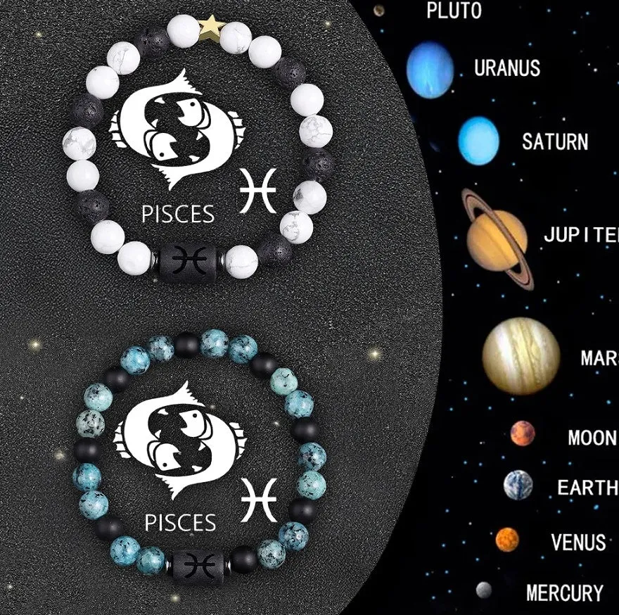 Set of twelve beaded bracelets with natural stone charms for each zodiac sign.
