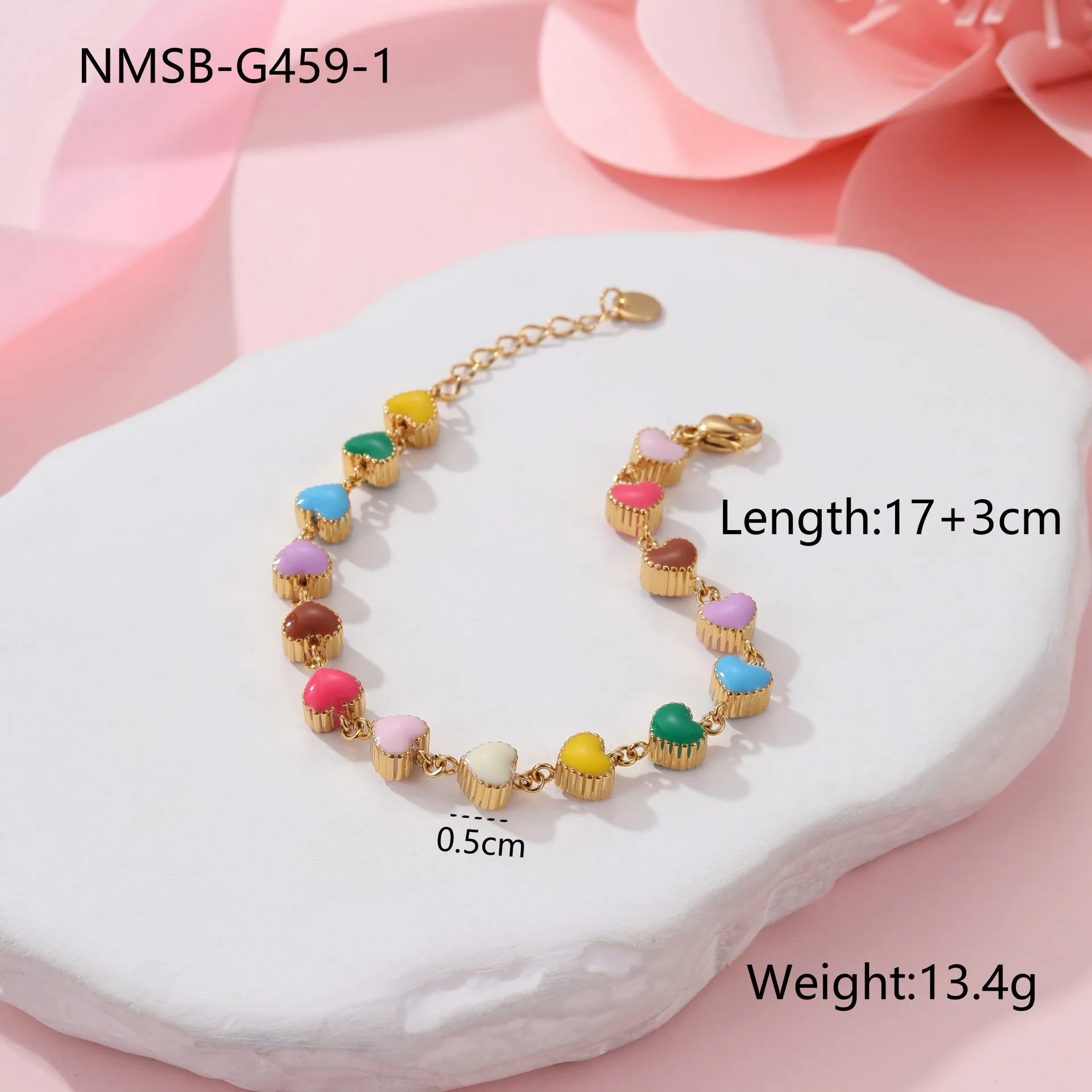 Gold or steel women's bracelet with colourful oil necklace and love heart pendant