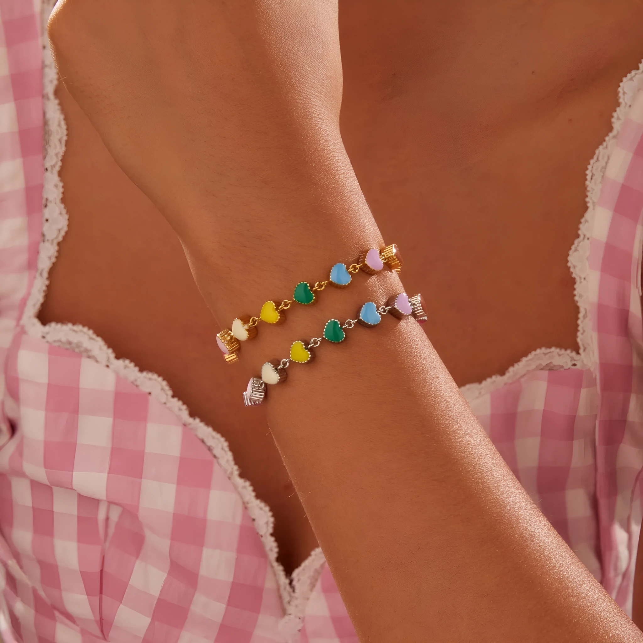 Gold or steel women's bracelet with colourful oil necklace and love heart pendant