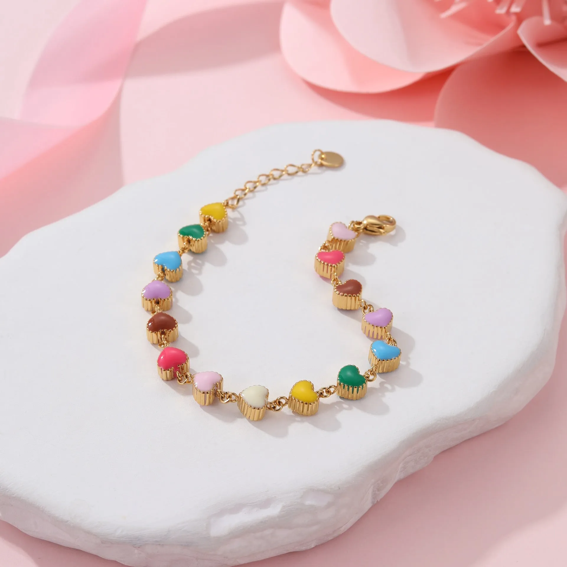 Gold or steel women's bracelet with colourful oil necklace and love heart pendant