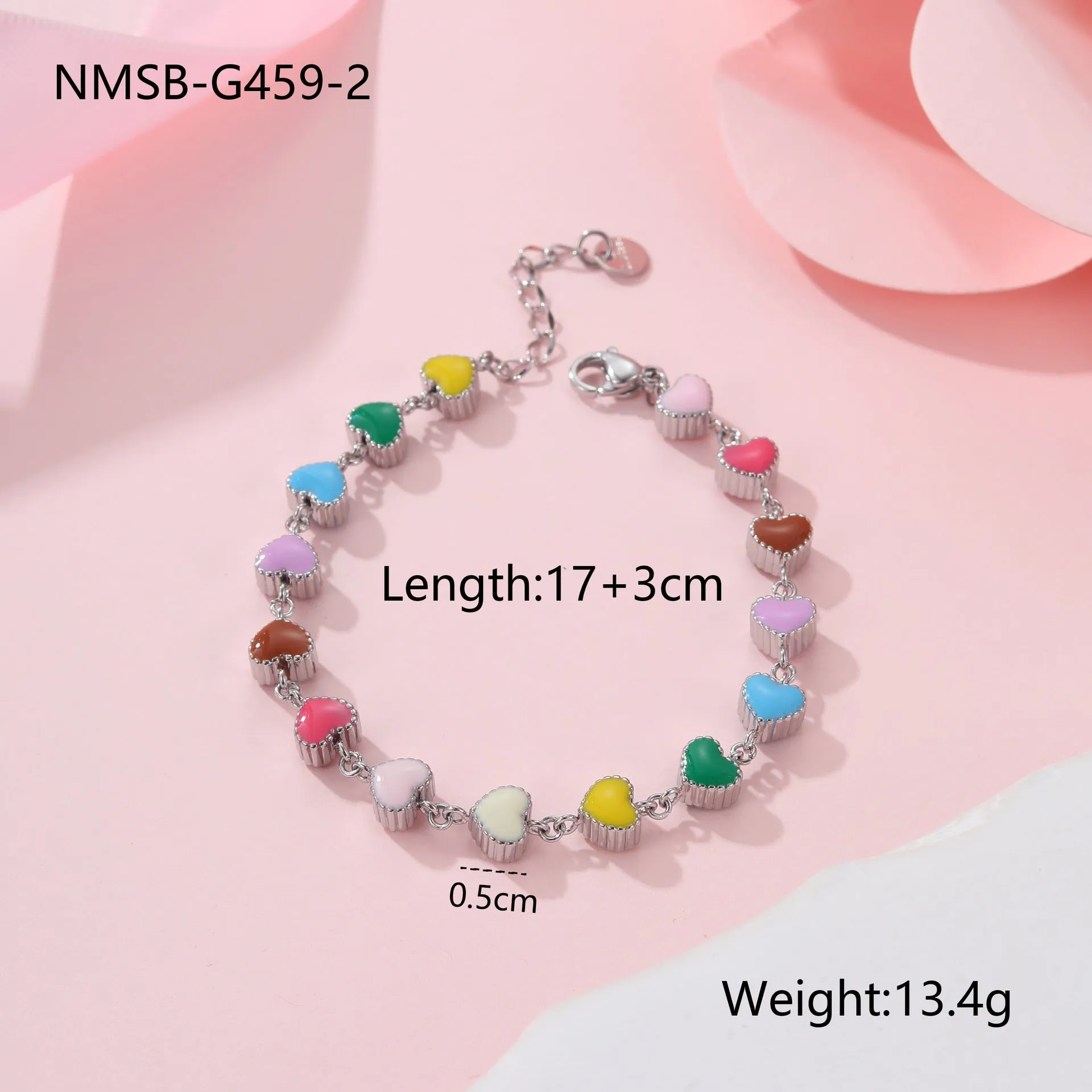 Gold or steel women's bracelet with colourful oil necklace and love heart pendant