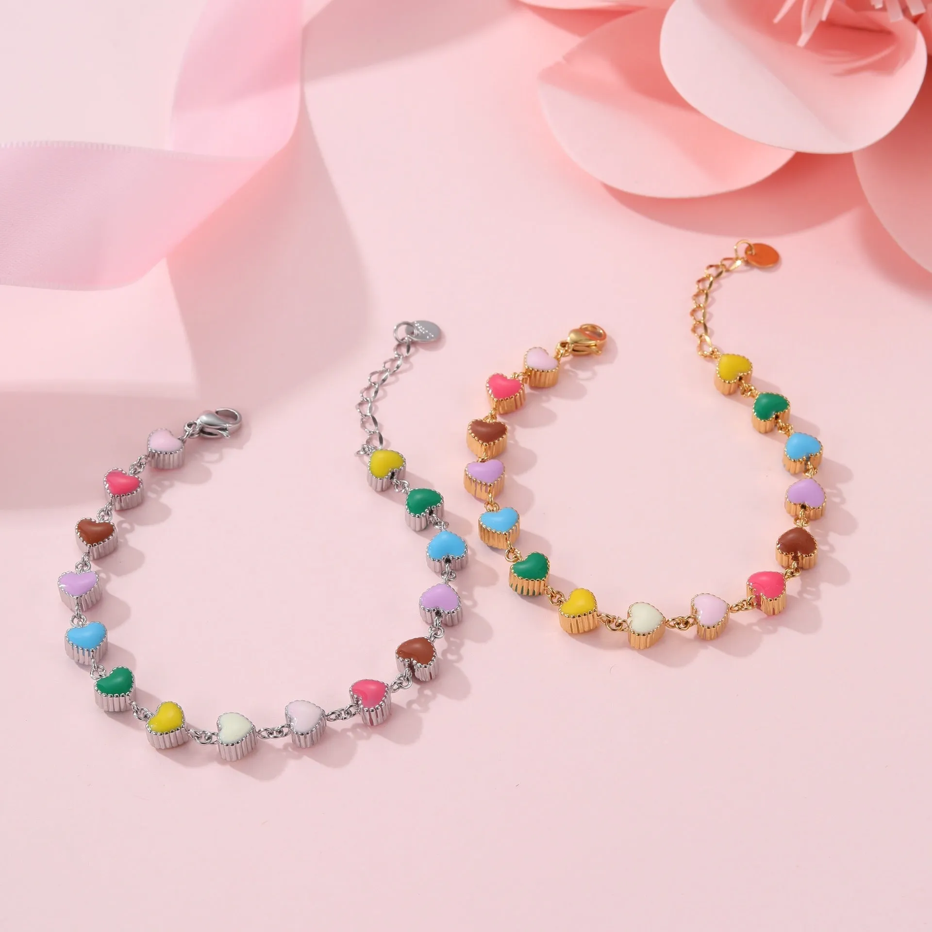Gold or steel women's bracelet with colourful oil necklace and love heart pendant