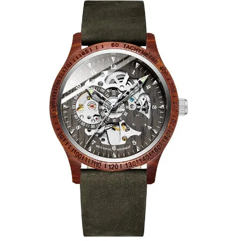 Fully automatic mechanical watch with wood alloy case, 44mm, mineral glass, brown leather strap on wrist