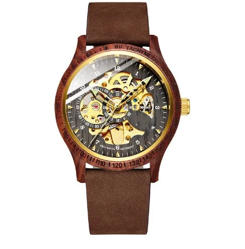 Fully automatic mechanical watch with wood alloy case, 44mm, mineral glass, brown leather strap on wrist