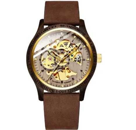 Fully automatic mechanical watch with wood alloy case, 44mm, mineral glass, brown leather strap on wrist