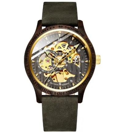 Fully automatic mechanical watch with wood alloy case, 44mm, mineral glass, brown leather strap on wrist
