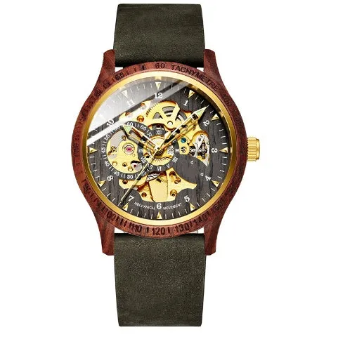 Fully automatic mechanical watch with wood alloy case, 44mm, mineral glass, brown leather strap on wrist