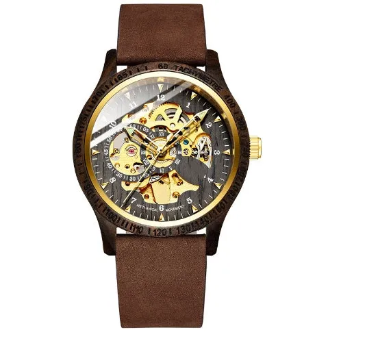 Fully automatic mechanical watch with wood alloy case, 44mm, mineral glass, brown leather strap on wrist
