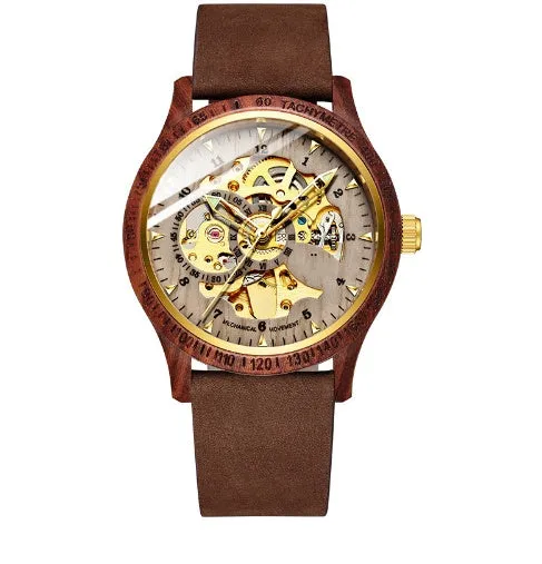 Fully automatic mechanical watch with wood alloy case, 44mm, mineral glass, brown leather strap on wrist