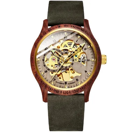 Fully automatic mechanical watch with wood alloy case, 44mm, mineral glass, brown leather strap on wrist