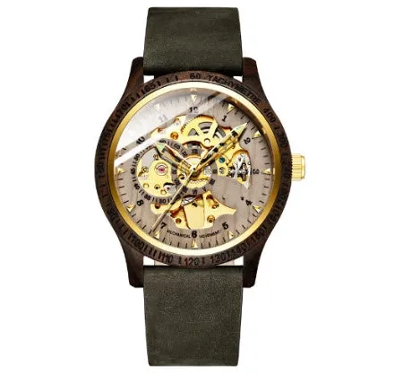 Fully automatic mechanical watch with wood alloy case, 44mm, mineral glass, brown leather strap on wrist