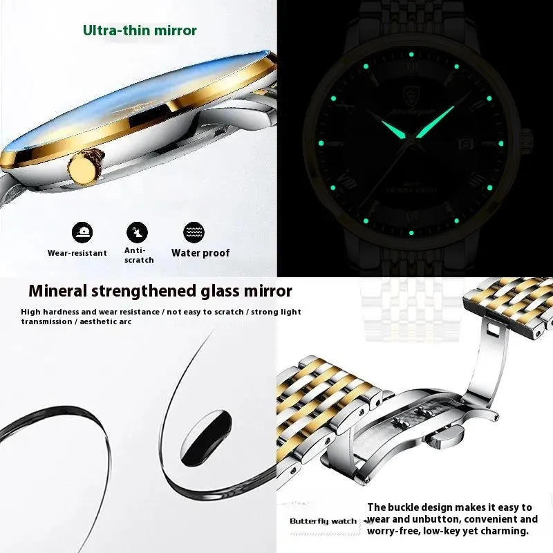 Men's quartz watch with waterproof luminous display and calendar, 41mm precision steel case, mineral reinforced mirror