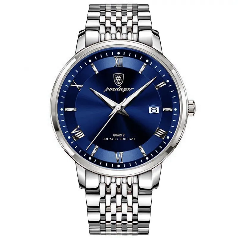 Men's quartz watch with waterproof luminous display and calendar, 41mm precision steel case, mineral reinforced mirror