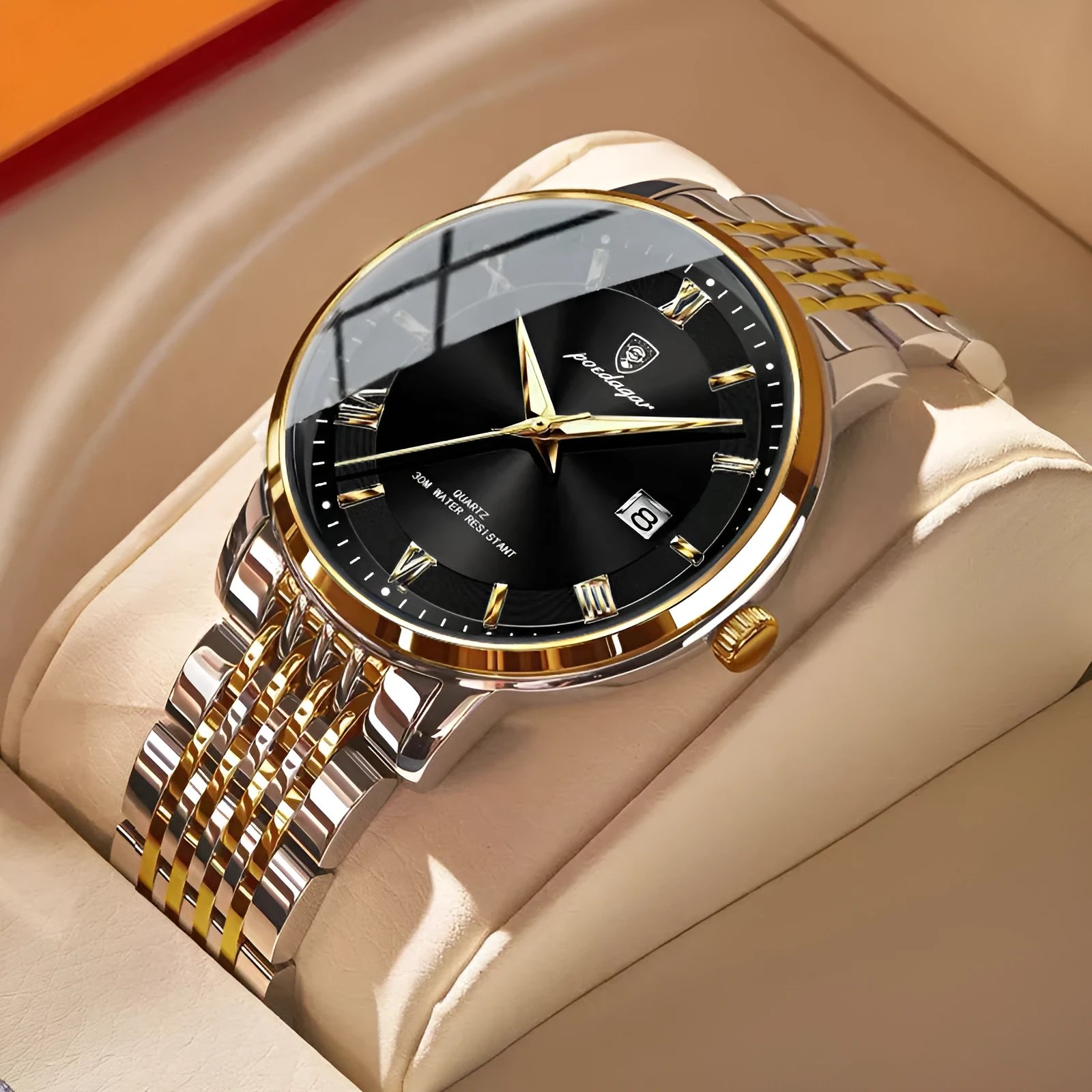 Men's quartz watch with waterproof luminous display and calendar, 41mm precision steel case, mineral reinforced mirror