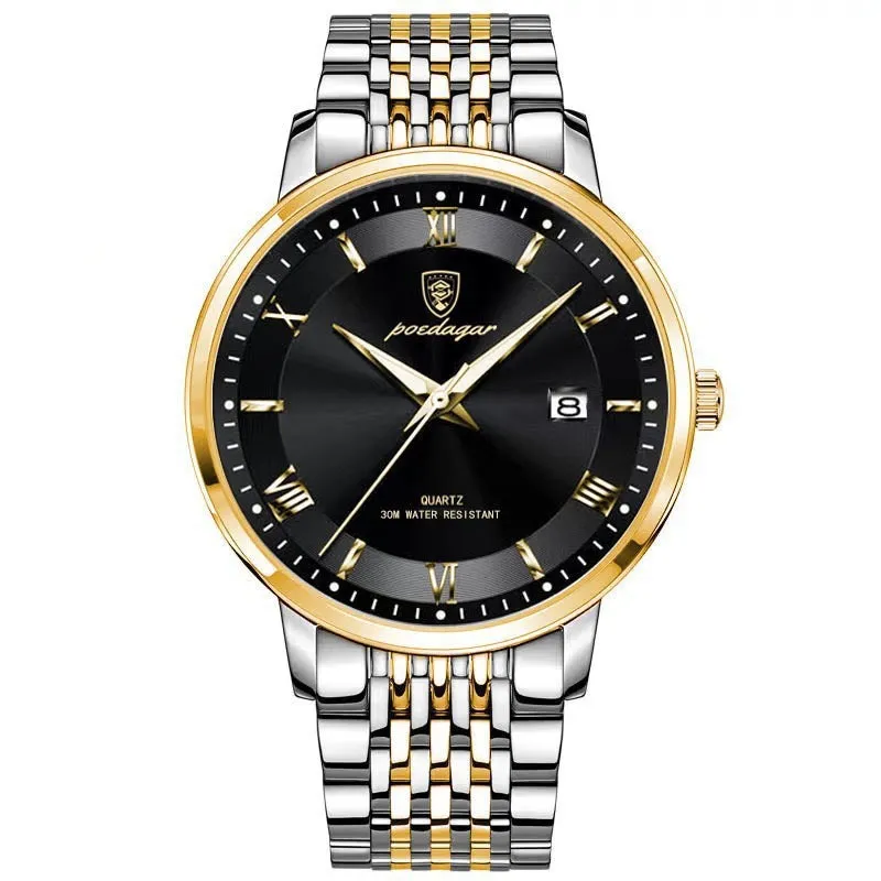 Men's quartz watch with waterproof luminous display and calendar, 41mm precision steel case, mineral reinforced mirror