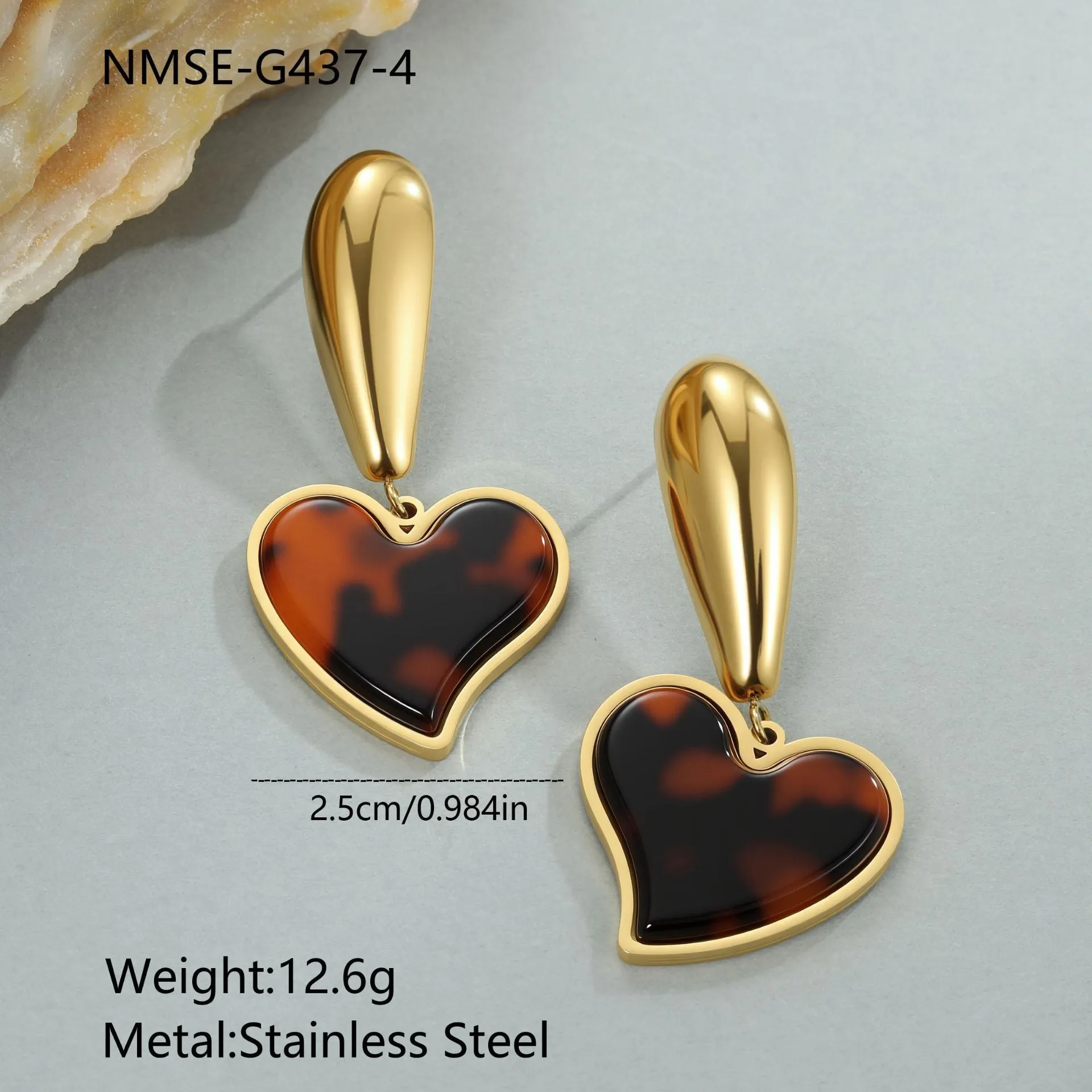 Women's tortoiseshell resin electroplated earrings in heart and flower designs with 18K stainless steel construction