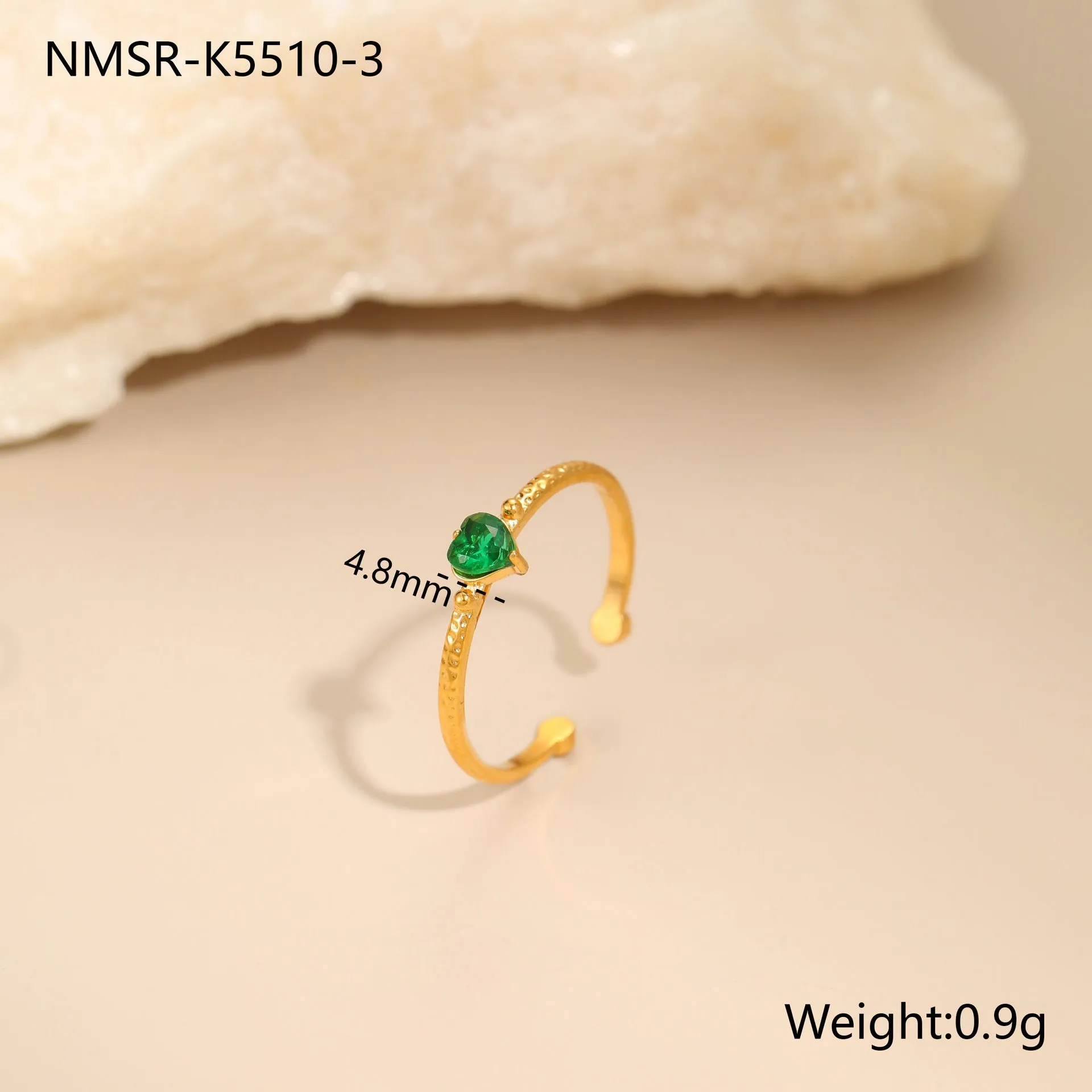 Heart-shaped open-ended ring with geometric design and inlaid zircon detail in stainless steel