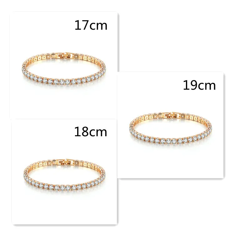 Stainless steel zircon bracelet single row 4mm round full diamond tennis chain in gold finish on white background