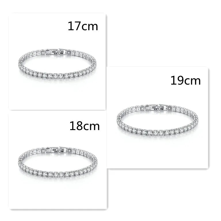Stainless steel zircon bracelet single row 4mm round full diamond tennis chain in gold finish on white background