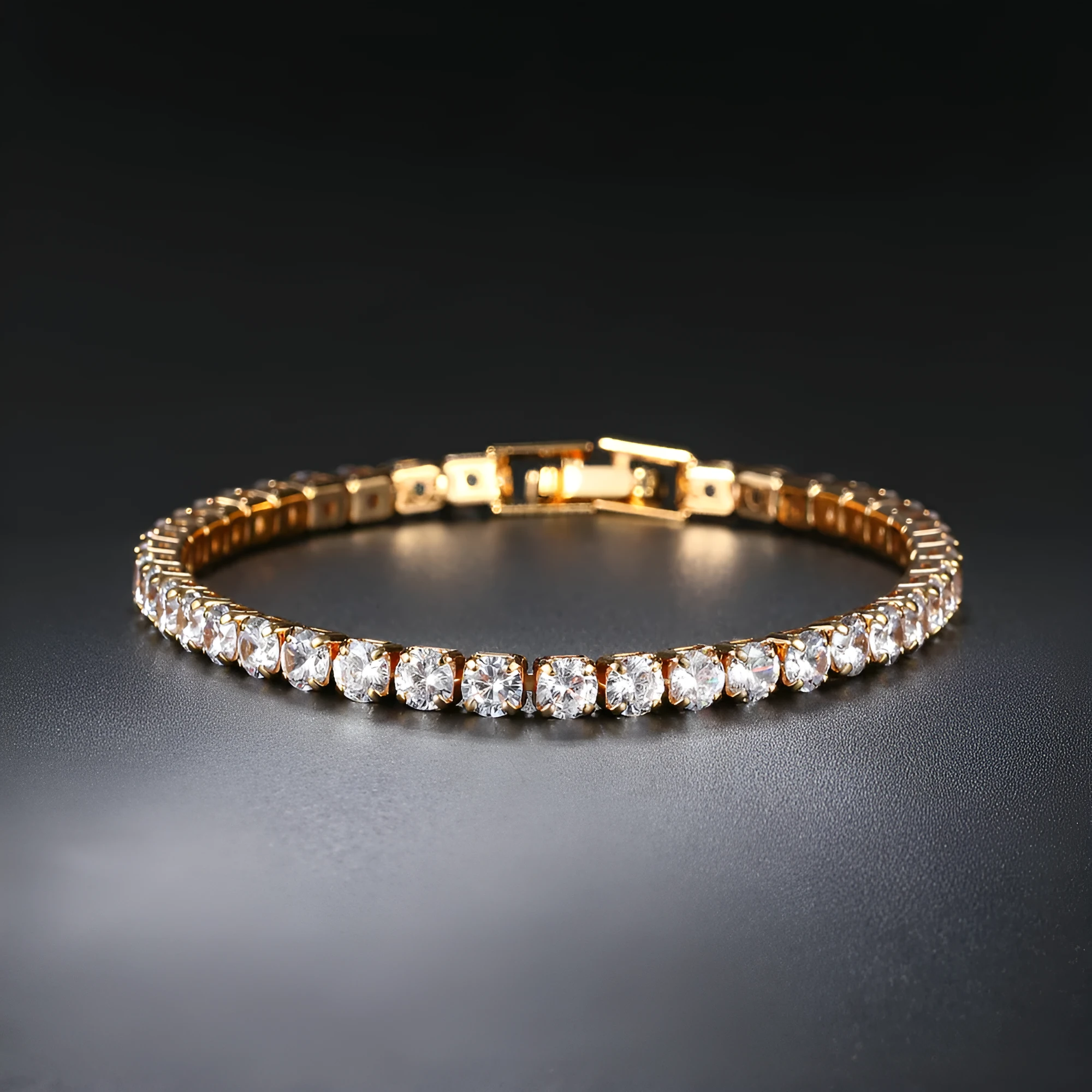 Stainless steel zircon bracelet single row 4mm round full diamond tennis chain in gold finish on white background